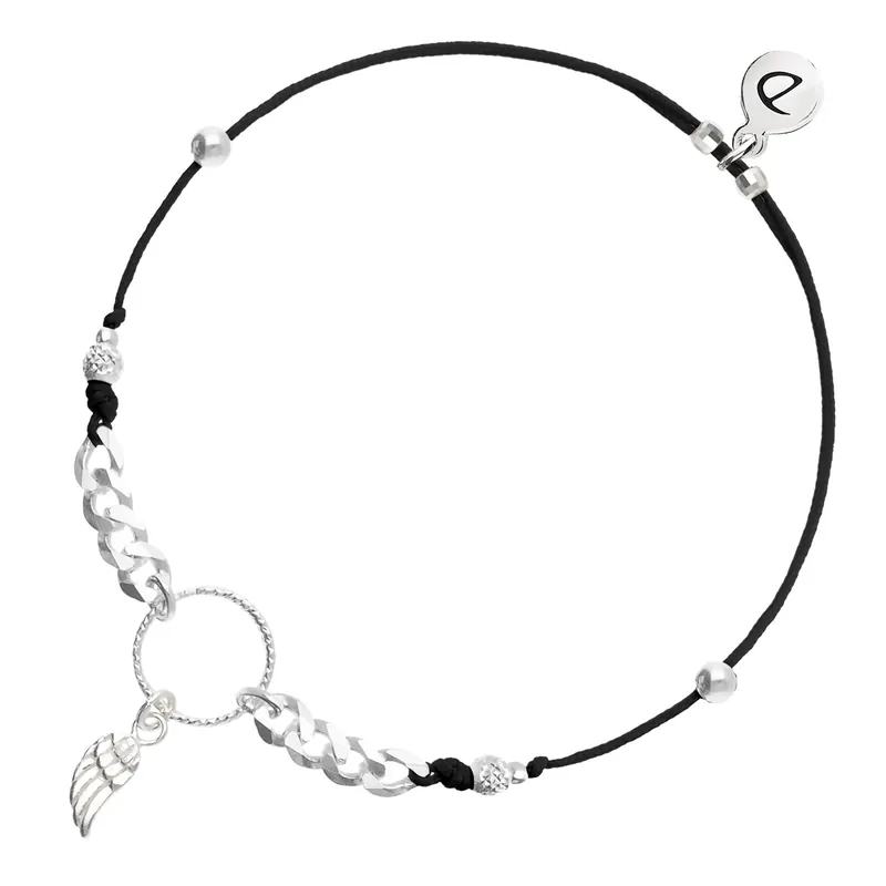 BRACELET CORDON NOIR COULISSANT AILE ANNEAU CISELÉ ET CHAÎNE MAILLE ROCK Argent 925 Meilleur Prix