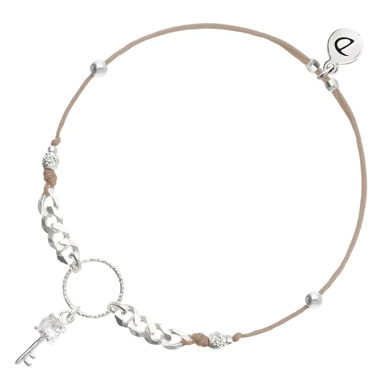 Produit De Marque BRACELET CORDON BEIGE COULISSANT CLÉ OXYDE DE ZIRCONIUM ANNEAU CISELÉ ET CHAÎNE MAILLE ROCK Argent 925
