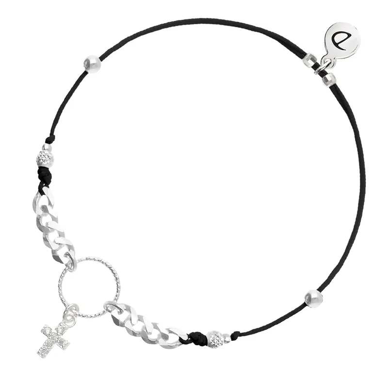 Exclusif BRACELET CORDON NOIR COULISSANT CROIX OXYDE DE ZIRCONIUM ANNEAU CISELÉ ET CHAÎNE MAILLE ROCK Argent 925