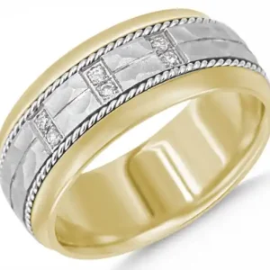 Affaire À Saisir Jonc Moïse 10mm martelé satiné et cordes polies et diamants en or 10k deux tons pour homme