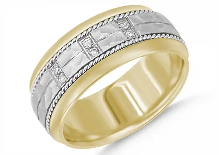 Affaire À Saisir Jonc Moïse 10mm martelé satiné et cordes polies et diamants en or 10k deux tons pour homme
