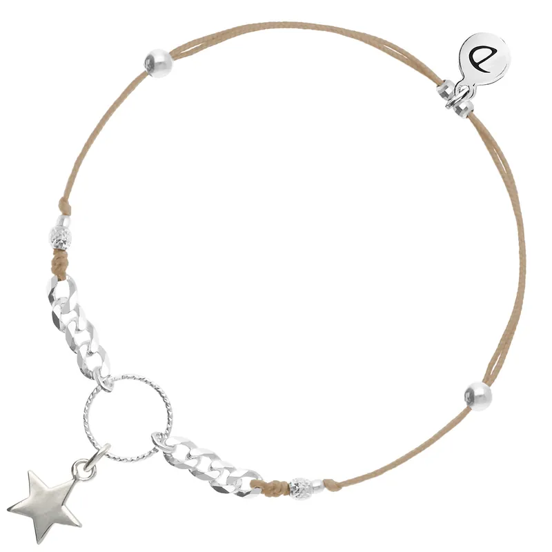 BRACELET CORDON BEIGE COULISSANT ÉTOILE ANNEAU CISELÉ ET CHAÎNE MAILLE ROCK Argent 925 Expédition Rapide