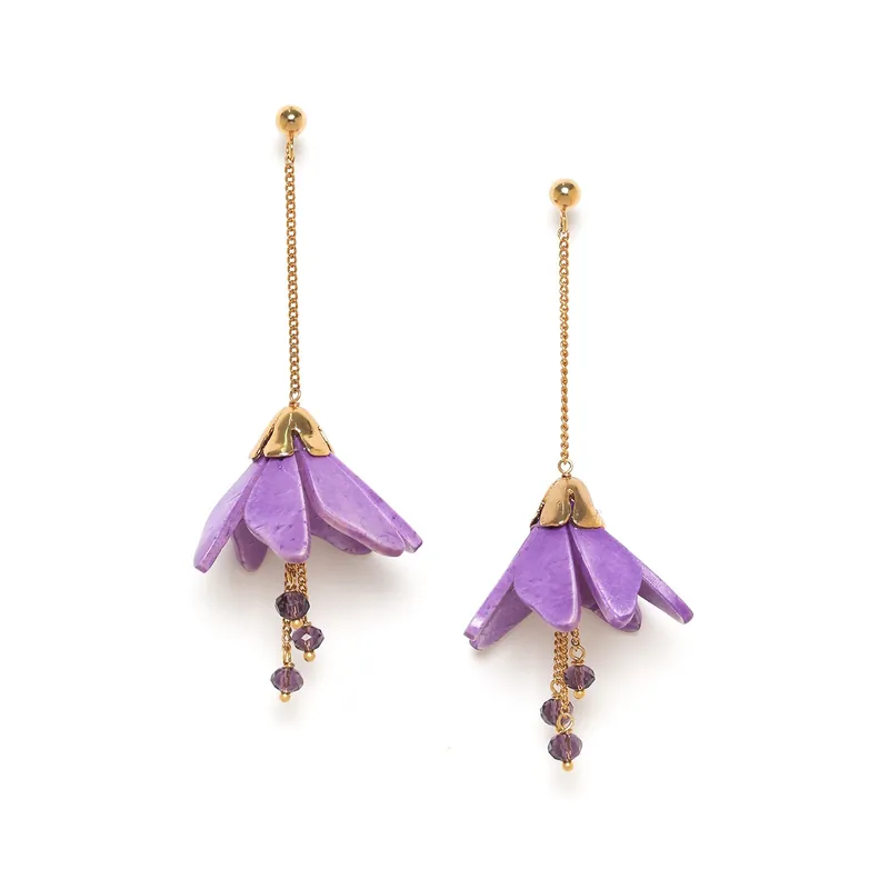 Usine Directe CLOCHETTE boucles d'oreilles poussoir fleur de coco pendantes violettes - Les Fleurs Du Moment -
