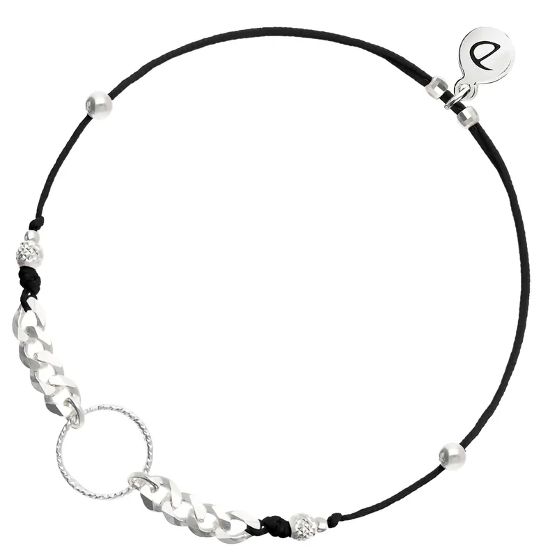 Nouveauté BRACELET CORDON NOIR COULISSANT ANNEAU CISELÉ ET CHAÎNE MAILLE ROCK Argent 925