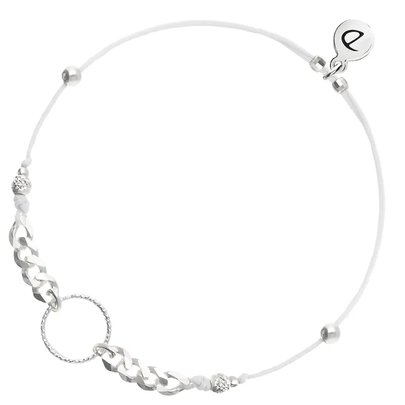 Promotion Saisonnière BRACELET CORDON BLANC COULISSANT ANNEAU CISELÉ ET CHAÎNE MAILLE ROCK Argent 925