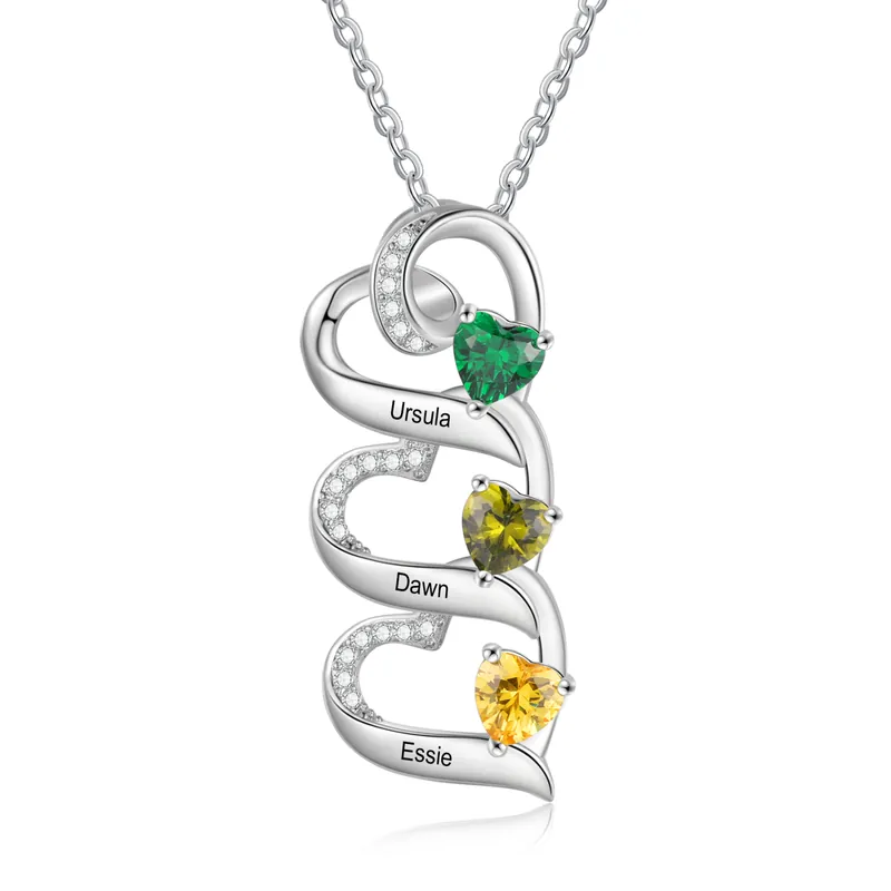 Collier Pendentif Cœur 3 Prénoms Personnalisés avec Pierre de naissance pour Femmes Retour Gratuit