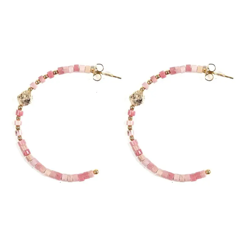 Boucles d'oreilles pendantes demi Créoles acier inoxydable pierres naturelles rhodonite Paiement Sécurisé