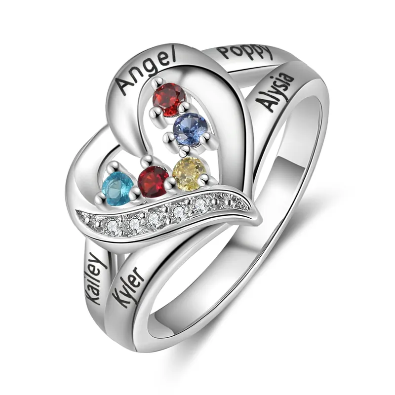 Nouvel Arrivage Bague Cœur 5 Prénoms Personnalisée avec 5 Pierres de Naissance