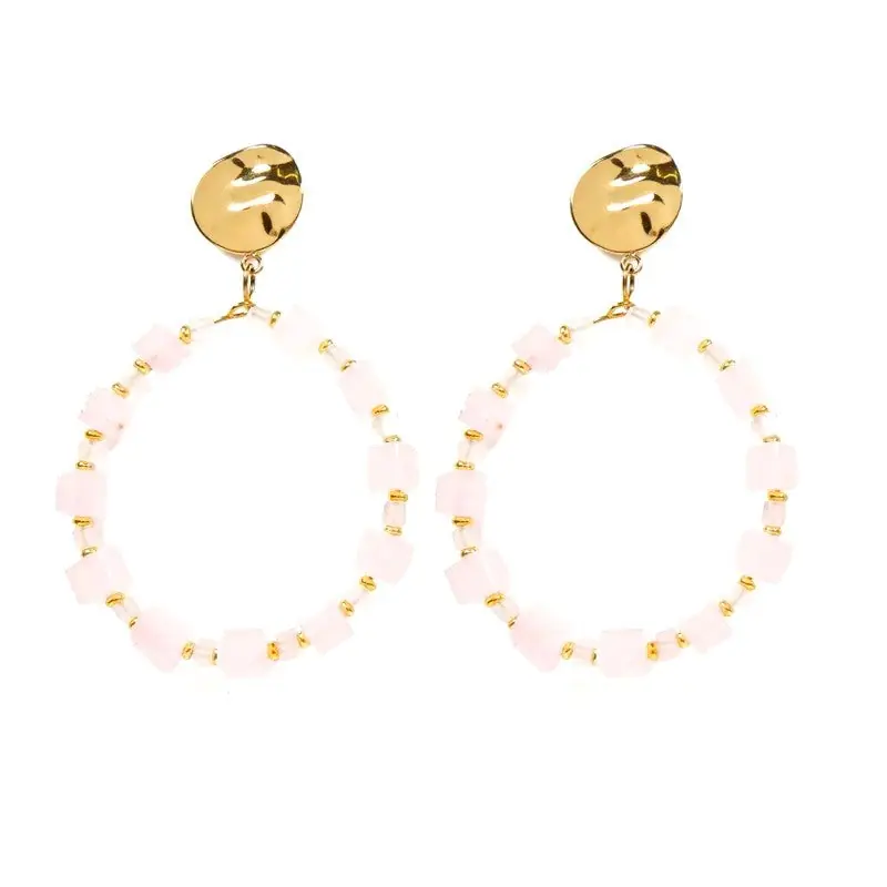 Authentique Boucles d'oreilles Créoles pendantes acier inoxydable pierres naturelles quartz
