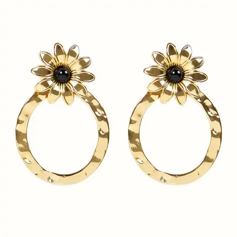 Boucles d'oreilles pendantes Fleur acier inoxydable pierres naturelles agate noir Offre Limitée