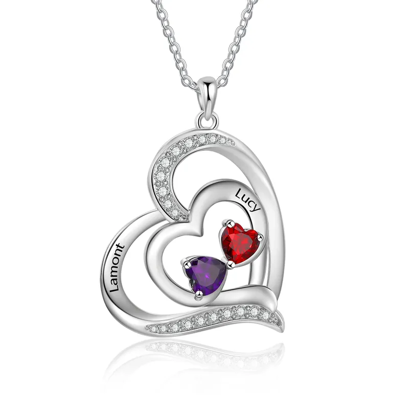 Collier Pendentif Cœur 2 Prénoms Personnalisés avec 2 Pierres de Naissance Collier Femmes Retour Gratuit