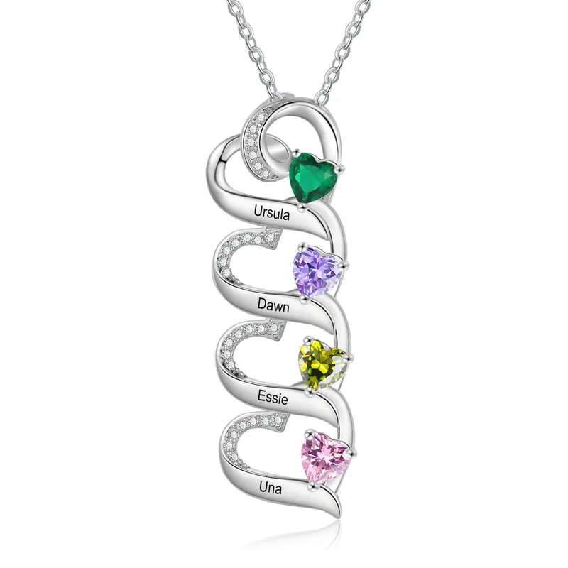 Vente Flash Collier Pendentif Cœur 4 Prénoms Personnalisés avec Pierre de naissance pour Femmes