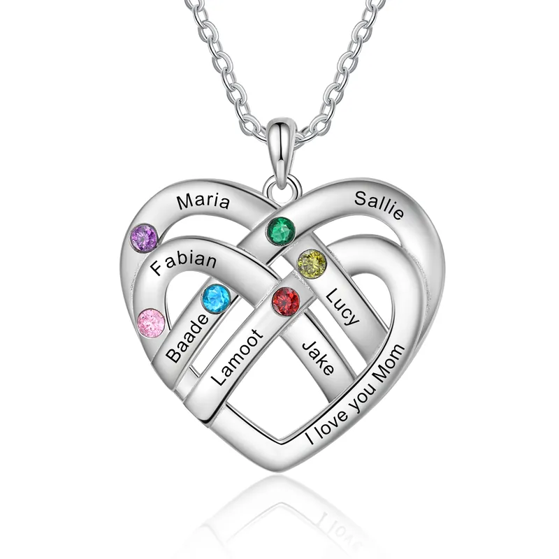 Collier Pendentif Cœur 7 Prénoms et 1 Texte Personnalisés avec 6 Pierres de Naissance Collier Femmes Offre Spéciale