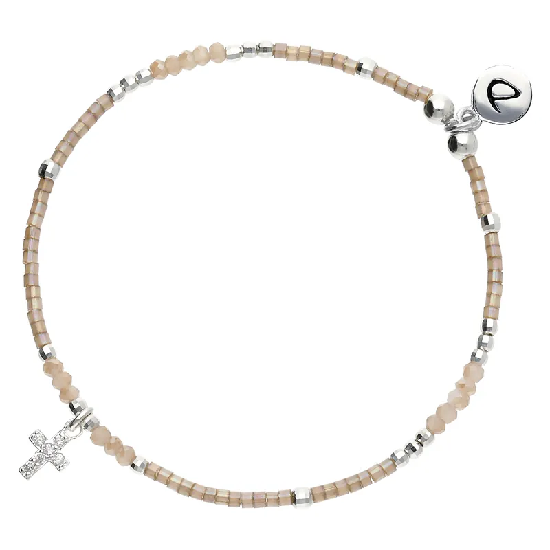 BRACELET ÉLASTIQUE BEIGE INTEMPOREL AVEC 1 CROIX ORNÉE D'OXYDES DE ZIRCONIUM Argent 925 Tendance