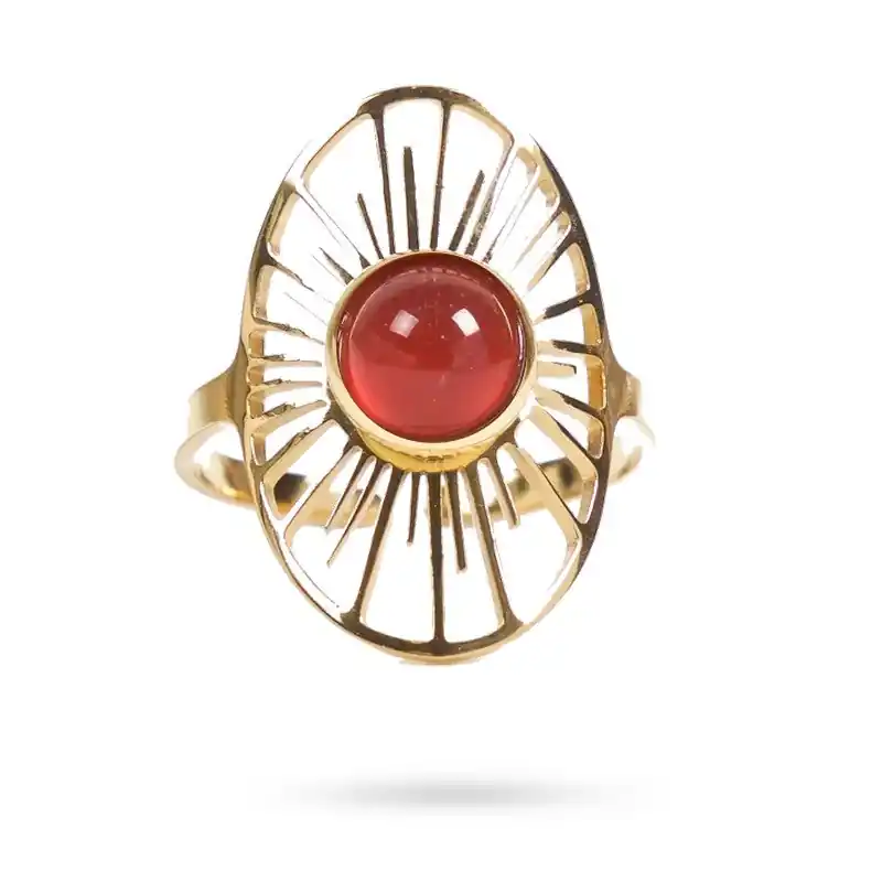 Prix Cassé Bagues pour femme acier inoxydable soleil pierre naturelle agate rouge