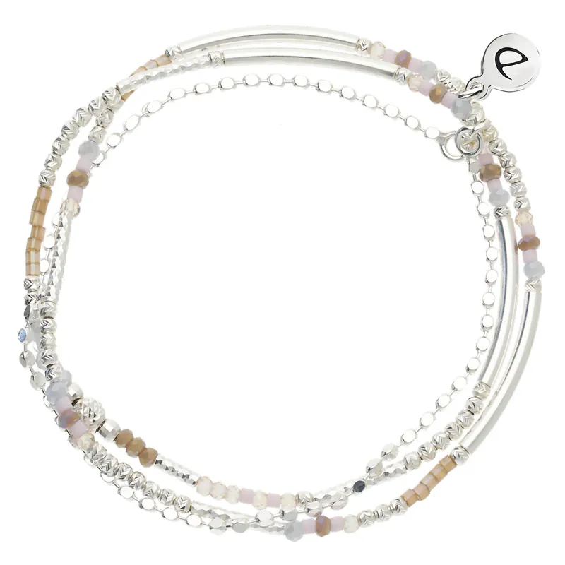 BRACELET ÉLASTIQUE 2 TOURS ROSE-BEIGE-GRIS ET CHAINE Argent 925 Paiement Sécurisé
