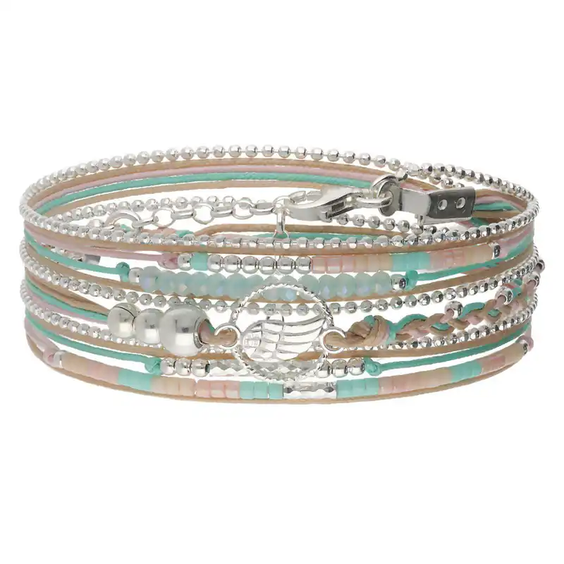BRACELET 3 TOURS TURQUOISE-BEIGE-ROSE AILE ANNEAU DIAMANTÉ Argent 925 Promotion