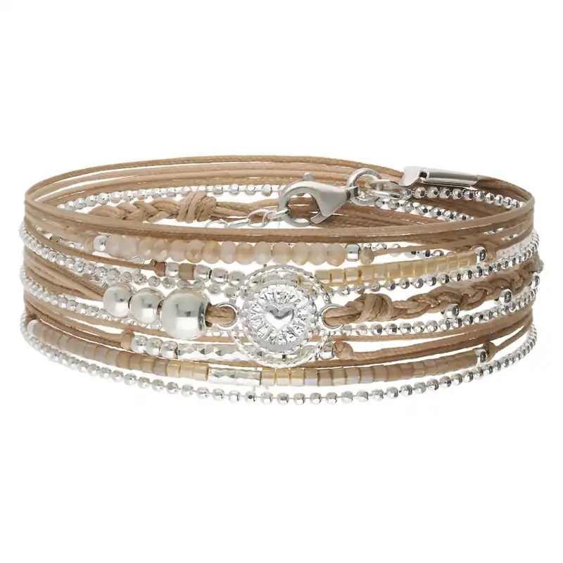 Prix Promo BRACELET 3 TOURS BEIGE COEUR ANNEAU DIAMANTÉ Argent 925