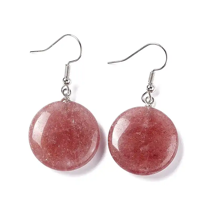 Acheter En Ligne Boucles d'oreilles pendantes acier inoxydable pierres naturelles rondes quartz fraise