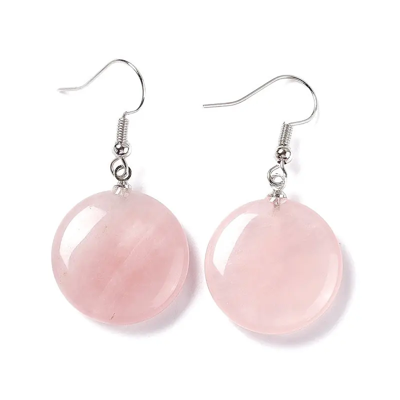 Boucles d'oreilles pendantes acier inoxydable pierres naturelles rondes quartz rose Jusqu’à Épuisement Des Stocks