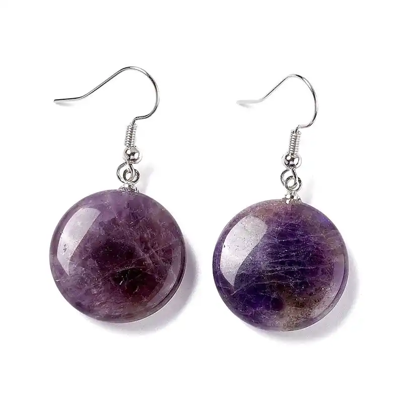 Réduction Boucles d'oreilles pendantes acier inoxydable pierres naturelles rondes améthyste