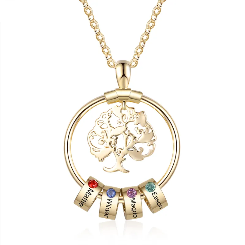 Acheter Direct Collier Pendentif Arbre de vie Arbre généalogique 4 Cercles Avec Pierre De Naissance