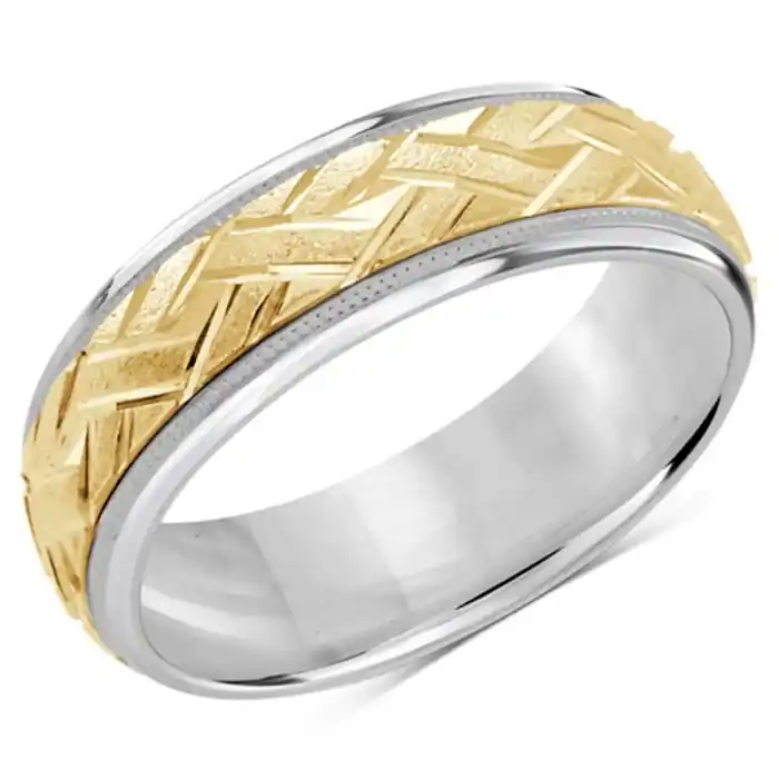 Prix Réduit Jonc 7 mm Félicien motifs croisés scintillants en or 10k 2 tons pour homme