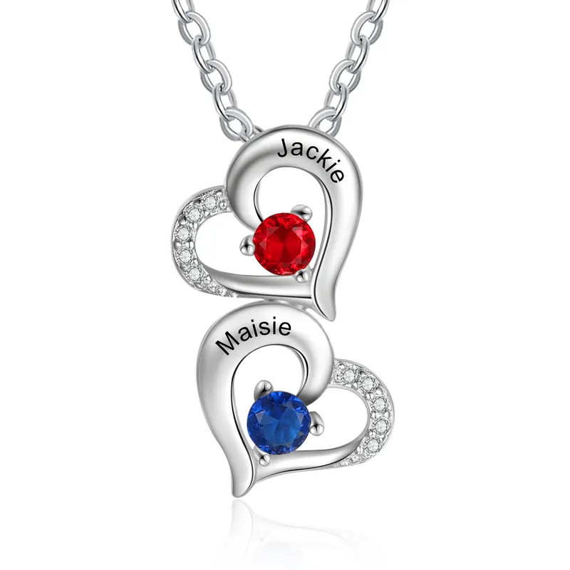 Acheter Direct Collier 2 Prénom Personnalisé Pendentif Cœur avec 2 Pierre de Naissance