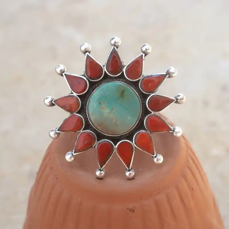 Usine Directe Grosse bague soleil en argent Corail rouge et Turquoise T53 reglable