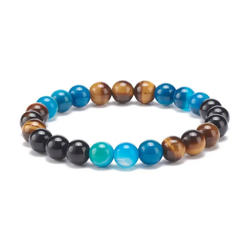Bracelet pour homme ou femme pierres naturelles agate bleu œil de tigre et onyx Livraison Mondiale