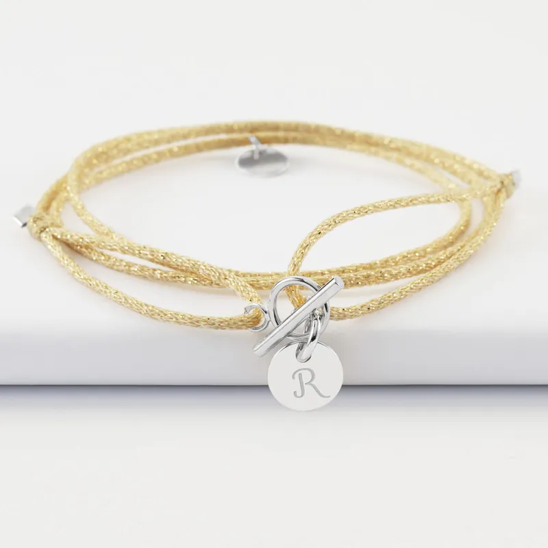Retour Gratuit Bracelet fermoir personnalisé cordon 3 tours pailleté médaille gravée argent initiale 10 mm
