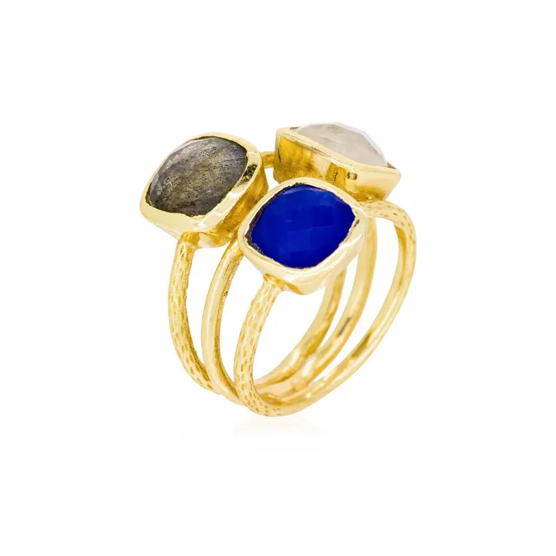 Promotion Bague Cyclique Jade et Labradorite et Pierre de lune Laiton doré