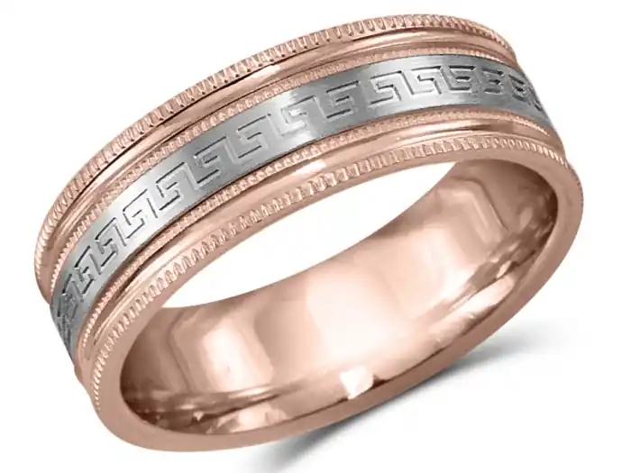 Promotion Jonc Emilio 7.0mm motifs clé grecque design versace détails millegrain en or rose et blanc 10k pour homme