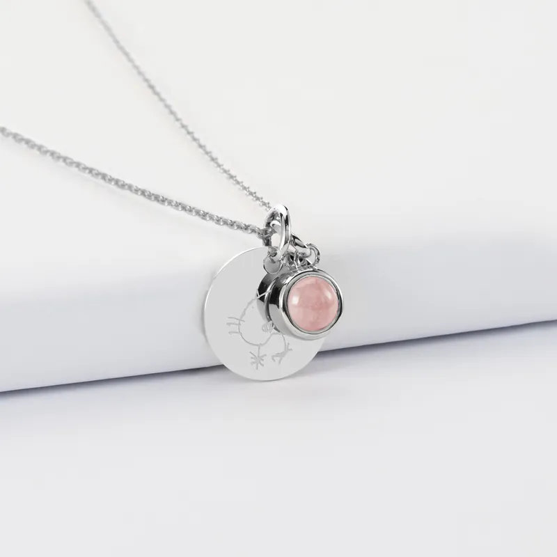 Acheter Direct Pendentif personnalisé médaille gravée argent 15 mm et breloque pierre naturelle 8 mm