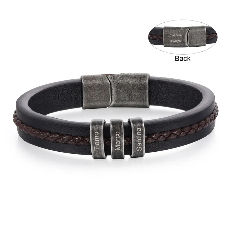 Bracelet Cuir Pour Hommes 3 Prénoms Personnalisés avec Texte Meilleur Prix