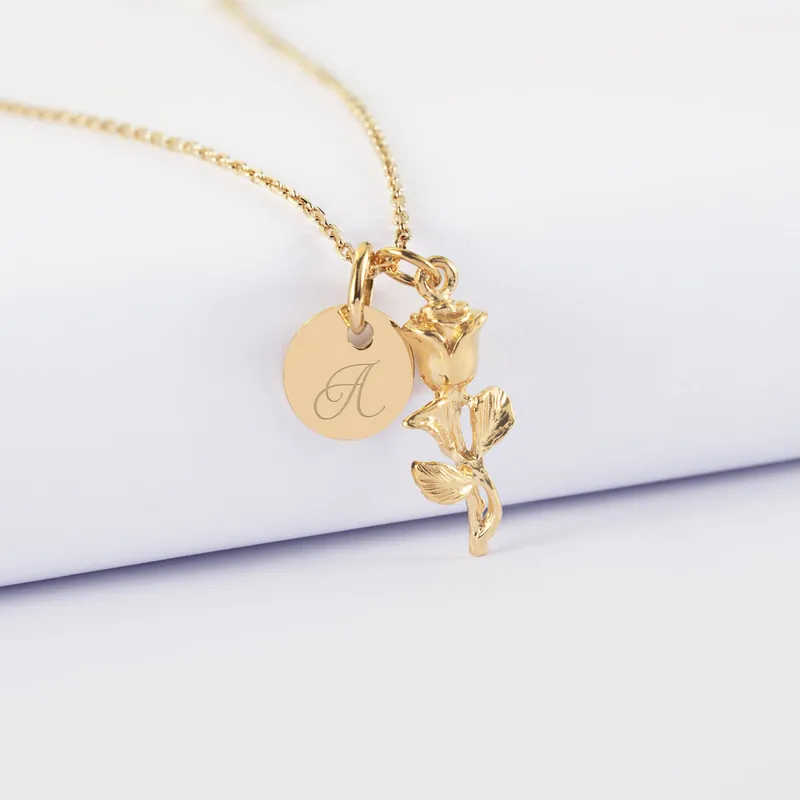 Promotion Pendentif personnalisé médaille gravée plaqué or 10 mm et breloque rose 19 mm