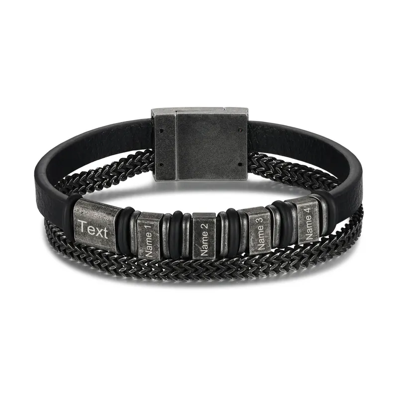 Dernier Modèle Bracelet Vintage Cuir tressé 4 Prénoms Personnalisés avec Texte pour Homme