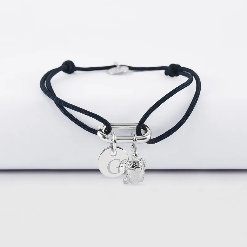Solde Bracelet personnalisé cordon mousqueton 17x11 mm médaille gravée argent 10 mm et breloque(s) summer - à composer