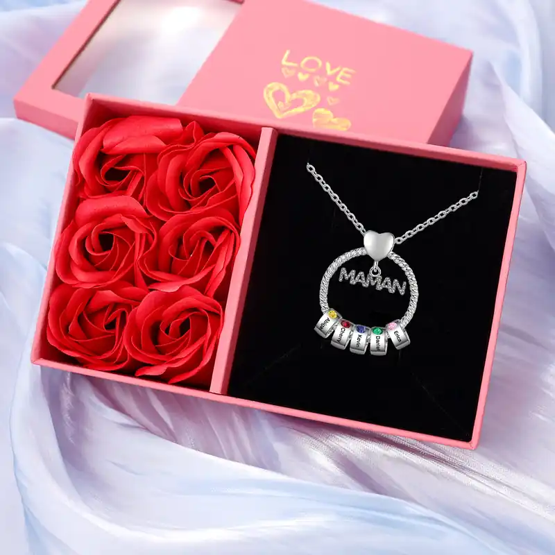 Promotion À ma Maman - Collier Pendentif 5 Prénoms Personnalisés avec Pierre de naissance