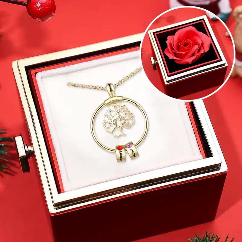 Premium Collier Pendentif Arbre de vie Arbre généalogique 2 Cercles Avec Pierre De Naissance