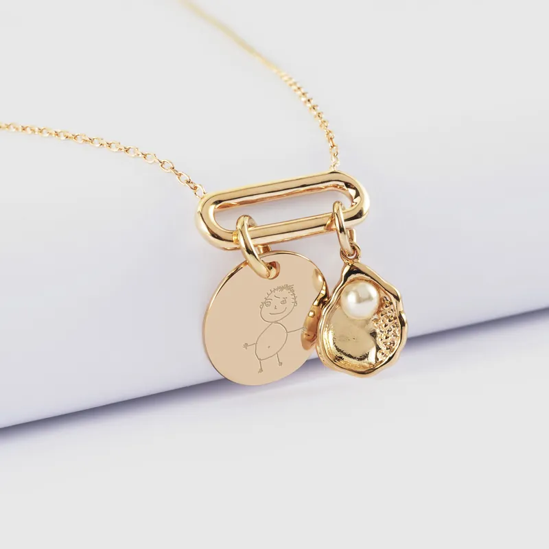 Super Prix Collier chaîne ovale ouvert personnalisé médaille gravée plaqué or 15 mm et breloque coquillage perle blanche