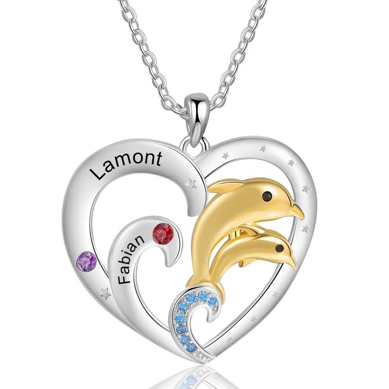 Usine Directe Collier Pendentif Cœur et Dauphin 2 Prénoms Personnalisés avec 2 Pierres de Naissance | Jessemade