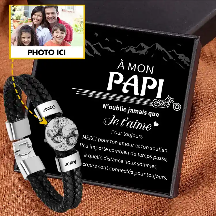 À Mon Papi Bracelet Photo Personnalisé avec 2 Prénoms Bracelet en Cuir|Jessemade Artisanat