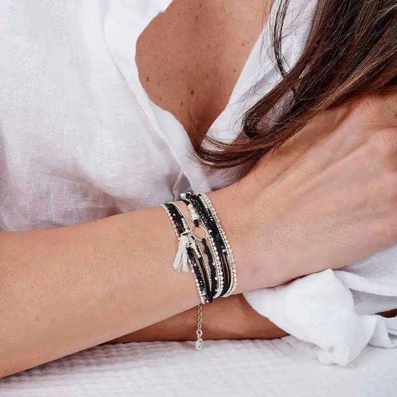 BRACELET POMPON PASTILLE ANNEAU DIAMANTE TRIPLE TOURS NOIR BRILLANT Argent 925 Gravable Populaire