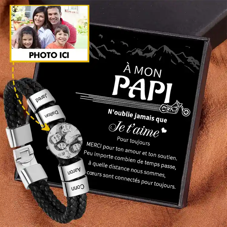 Promotion À Mon Papi Bracelet Photo Personnalisé avec 4 Prénoms Bracelet en Cuir|Jessemade