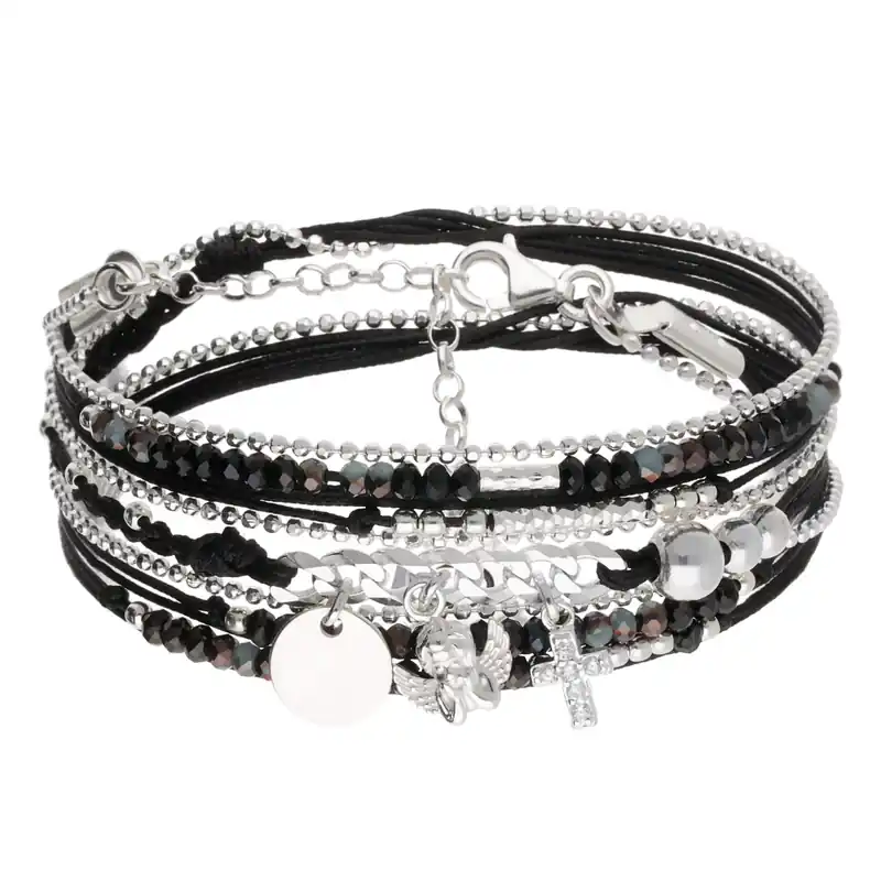 BRACELET MAILLE ROCK CROIX ANGE PASTILLE DOUBLE TOURS NOIR BRILLANT Argent 925 Gravable Prix Cassé