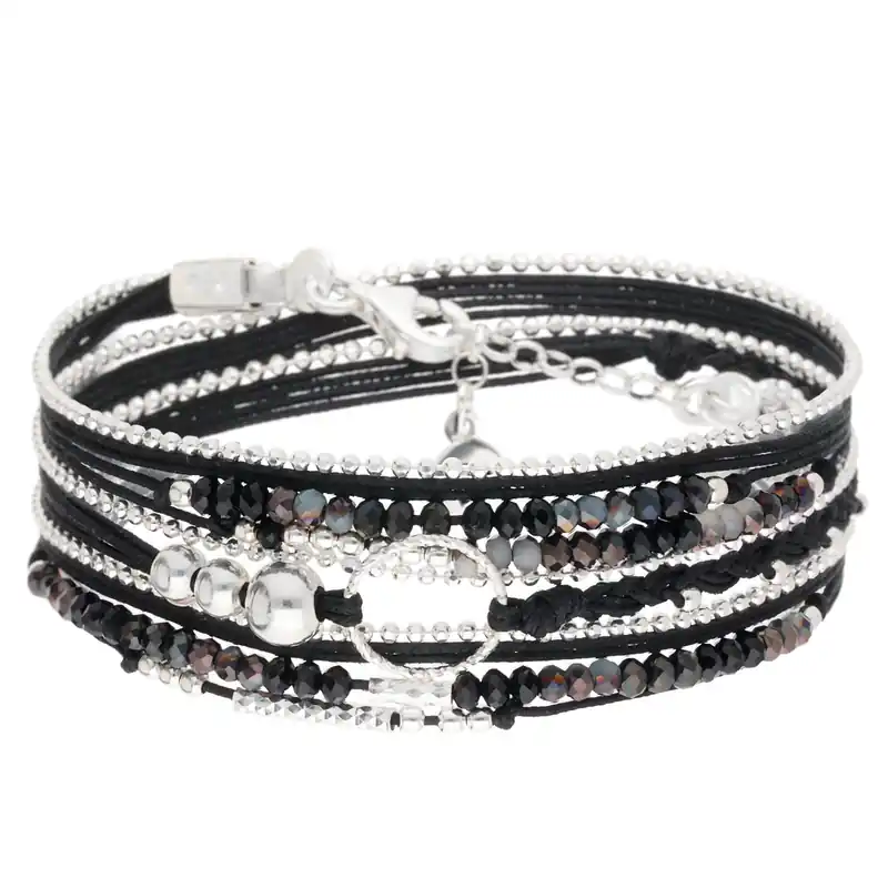 Expédié Aujourd’hui BRACELET NOIR BRILLANT TRIPLE TOURS ANNEAU DIAMANTE
