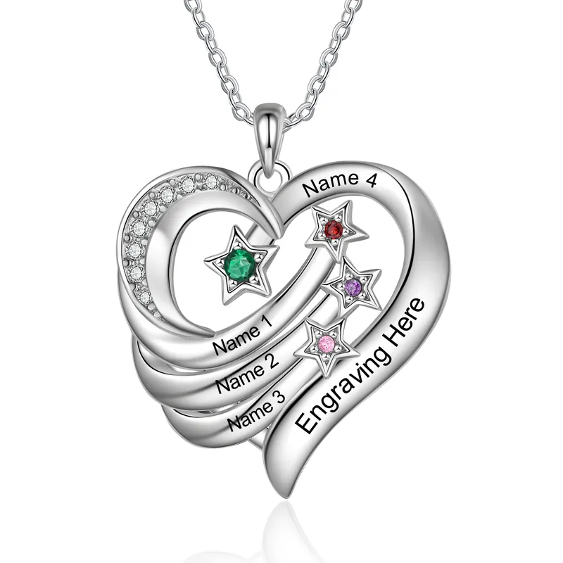 Collier coeur et étoile 4 Prénoms gravé Personnalisés avec Pierre de Naissance Collier Personnalisé Femme|Jessemade Meilleure Vente
