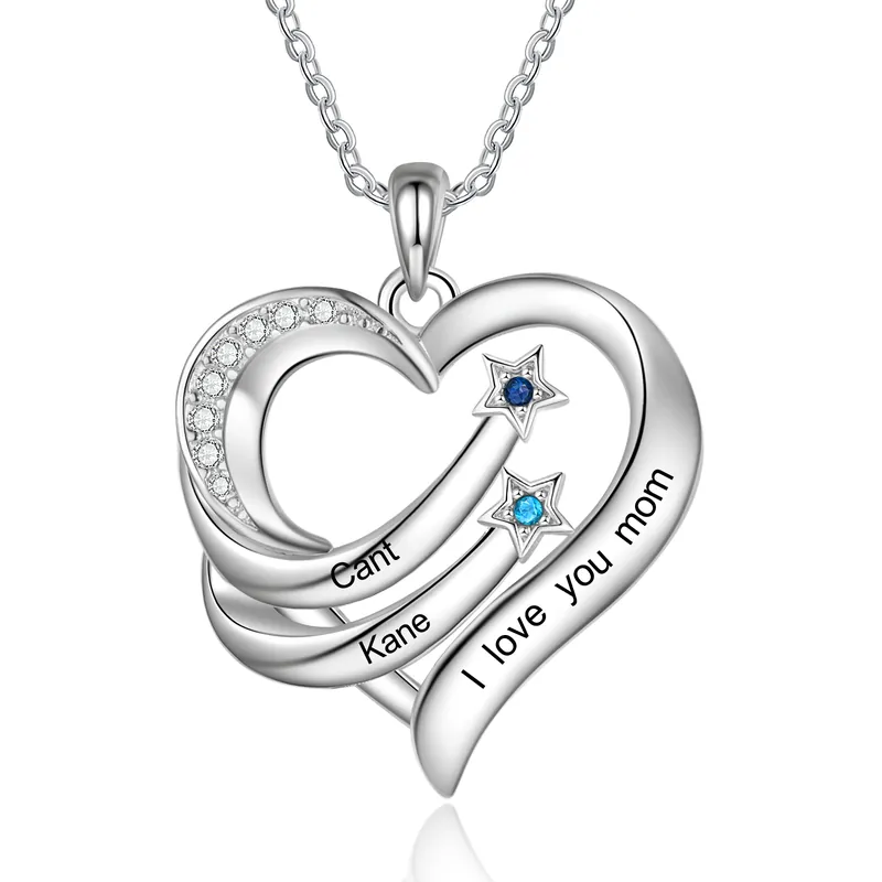 Collier cœur et étoile 2 Prénoms gravé Personnalisés avec Pierre de Naissance Collier Personnalisé Femme|Jessemade Fait Main