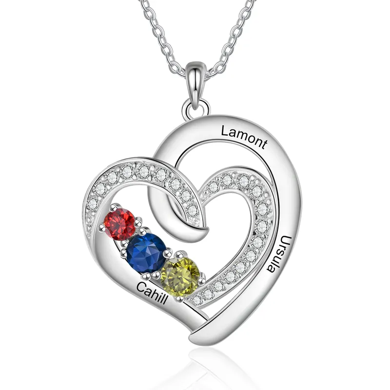 Collier Coeur 3 Prénoms Personnalisés avec Pierre de Naissance Collier Argent 925 Personnalisé Femme|Jessemade Commander Maintenant
